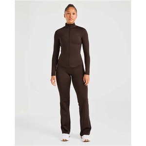 One Piece Yoga Jumpsuit Women Mock Neck Quarter Zip Long Sleeve Thumbhole Butt Lift Flare <b>Bell</b> Bottom Leggings Gym Activewear - Product Image 5