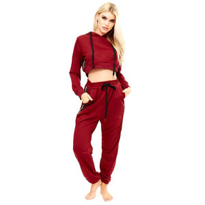 Women Red Hooded Cropped Sweatshirt & <b>Jogger</b> <b>Set</b> Full Sleeve Solid Color Casual Tracksuit With Side Pockets Drawstring Waist - Product Image 1