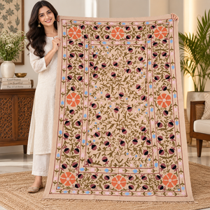 Drap de lit en coton Suzani fait main par un artisan, beige olive mocha, broderie florale, style ethnique indien bohème, couvre-lit pour la maison - Product Image 2