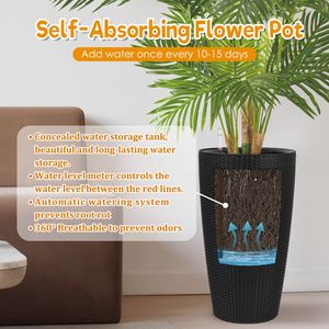 Set 2 Tall Faux Rattan Planters Smart Indoor Outdoor <b>Large</b> Water Level Monitor <b>Pots</b> Automatic Flooding Watering Feature Inner - Product Image 3