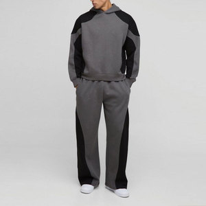 Men's Gray Black Color Blocking Hooded Tracksuit Full Sleeve Loose Fit Casual Sweatshirt and <b>Pants</b> Set with Side Pockets - Product Image 1