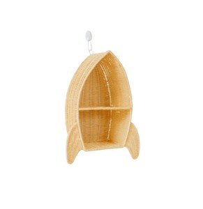 Étagère murale en rotin naturel artisanal en forme de fusée avec 2 compartiments à niveaux pour la chambre d'enfant, la crèche, le rangement à domicile - Product Image 2