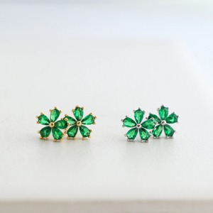 <b>Emerald</b> Green Flower <b>Stud</b> Earrings Dainty Pear CZ 14K Solid Gold May Birthstone Minimalist Jewelry for Women Wedding Anniversary - Product Image 1