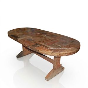 Table à manger en bois artisanale, modèle ovale, 2 couches, patchwork, démontable, en bois de bateau recyclé, design durable, respectueux de l'environnement - Product Image 1