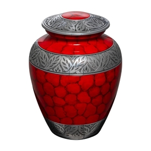 Urna Funeraria Grande de Metal Rojo para Cenizas de Adultos - Recipiente Decorativo para Entierro con Borde de Hojas Plateadas Grabado a Mano - Product Image 1
