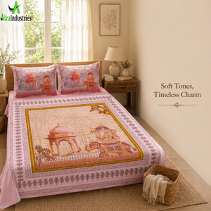 Pink Cotton King Size Bedsheet <b>Set</b> | 3 Piece Royal Elephant Mughal Panel Print <b>Bedspread</b> with Pillow Covers Soft Luxury Bedding - Product Image 3