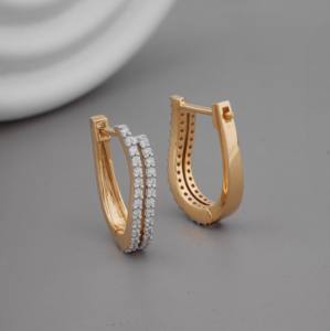 Pendientes de Aro con Diamantes Cultivados en Laboratorio de Dos Tonos, Corte Brillante, Certificados por IGI, Diseño Curvo con Pavé, Oro Amarillo/Blanco/Rosa de 9k, Lujosos para Mujer - Product Image 3