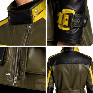 <b>Women's</b> Color-Block Sheep Nappa Leather Field <b>Jacket</b>-Quilted Windproof Sustainable <b>Utility</b> Motorcycle <b>Jacket</b> Belted 3D Pockets - Product Image 4