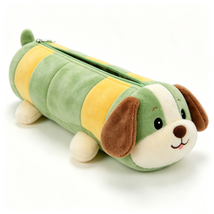 Green Plush Dog Pencil Case With Yellow Stripes And Brown Ears For <b>Kids</b> Unisex - Product Image 4