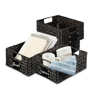 Handmade Black Water Hyacinth Storage Basket Set With <b>Label</b> Holder Woven Organizer <b>Bin</b> For Books Kitchen Pantry Home Storage - Product Image 1