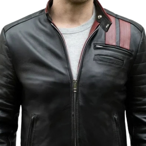 Vestes streetwear pour hommes en cuir véritable noir avec accents de rayures rouges, col montant, fermeture éclair sur le devant, coupe ajustée, vêtements d'extérieur d'hiver personnalisés de qualité supérieure - Product Image 2