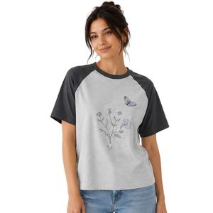 T-shirt décontracté en coton pour femme, gris clair et anthracite, à manches raglan, imprimé floral papillon, col rond, manches courtes, OEM ODM personnalisé - Product Image 1