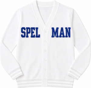 Cardigan universitaire personnalisé en chenille blanche et bleue avec broderie, style SPELMAN, unisexe, pour université, collège, sororité, pull en tricot - Product Image 1