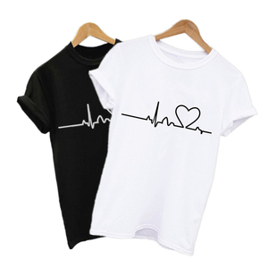 Camiseta de Verano con Estampado de Latidos del Corazón, Linda, Unisex, de Poliéster, Cuello Redondo, Manga Corta, Informal, Transpirable, Geométrica, Blanca y Negra - Product Image 2