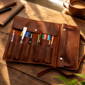 Estuche enrollable de cuero duradero para artistas, organizador de viaje para acuarelas con múltiples ranuras, fabricante OEM personalizado en venta - Product Image 4