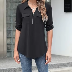 Blusa negra de mujer con cremallera de un cuarto, manga fruncida tres cuartos, cuello camisero, ajuste holgado, top informal - Product Image 4