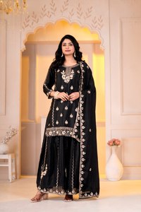 Conjunto de Salwar Kameez Reversible Negro Bordado y Elástico, Kurti de Terciopelo, Palazzo y Dupatta, Traje Tradicional Indio-Pakistaní para - Product Image 1