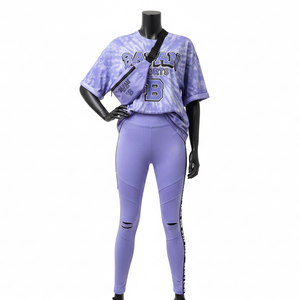 Ensemble de vêtements de sport en coton mauve premium 300GSM, leggings 260GSM, panneau en PVC irisé, logo personnalisé par transfert thermique - Product Image 6