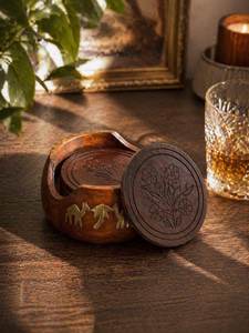 Vintage Wooden <b>Coaster</b> <b>Set</b> with Holder, Hand Carved Wood <b>Coasters</b> - Product Image 3