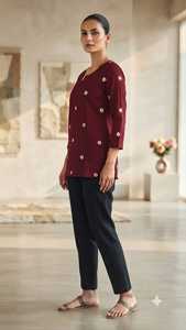 Trendy Mustard Slub Cotton Short Kurtis With Embroidery Regular Fit Traditional <b>Indian</b> Pakistani Casual Wear Tunic <b>Top</b> for Women - Product Image 3