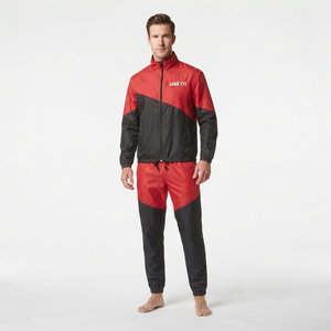 Conjunto Deportivo de Dos Piezas para Hombre, Chaqueta y Pantalón de Nylon con Cierre Completo, Logotipo Personalizado, Fabricante OEM ODM, Combinación Roja y Negra - Product Image 1