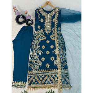 Designer Chiffon Top <b>Pant</b> Dupatta Set with Fancy Lace and <b>Sequins</b> - Product Image 5