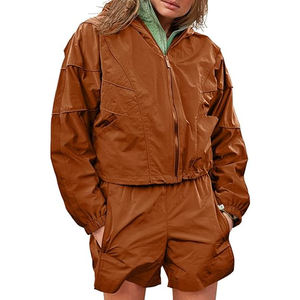 Wholesale High Quality Autumn 2 Piece Set Custom Logo Solid Casual <b>Hooded</b> Breathable Women's Shorts Patches Windbreaker <b>Zip</b>-Up - Product Image 4