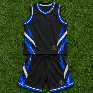 Ensemble d'uniformes de basketball unisexe les plus vendus, noir et bleu, sublimé, col en V, sans manches, anti-humidité, coupe athlétique, logo personnalisé - Product Image 3
