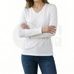 Camiseta de Manga Larga con Cuello en V para Mujer, Etiqueta Privada Personalizada, Tops para Dama al por Mayor, Camiseta Ajustada con Cuello en V - Product Image 4