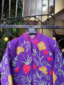 Boho Chic Purple Cotton <b>Embroidered</b> <b>Jacket</b> With Floral & Strawberry Pattern Full Sleeve Stand Collar Handmade <b>Women</b> Winter Coat - Product Image 5