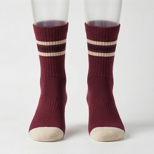 Burgundy Crew <b>Socks</b> With White Stripes And Cream Toe Breathable Knitted For Casual Wear Adults - Product Image 1