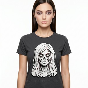 T-shirt graphique personnalisé pour femme, style découpe papier 3D, imprimé fille zombie, en coton gris, fabrication sérigraphiée, streetwear décontracté - Product Image 1
