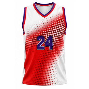<b>Men's</b> White <b>Red</b> Sublimated Basketball Jersey Number 24 Sleeveless V Neck Breathable Mesh Team Uniform - Product Image 1