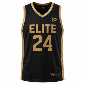 Camiseta de Baloncesto Elite Teamwear Negra y Dorada Sublimada con Cuello en V, Unisex para Adultos, Transpirable, 100% Poliéster, Ropa Deportiva - Product Image 1