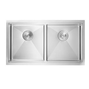Lavello da Cucina da Incasso da 33 Pollici in Acciaio Inox 304, Doppia Vasca Stile Rustico con Bordo e Valvola in Ottone, Multiuso - Product Image 2