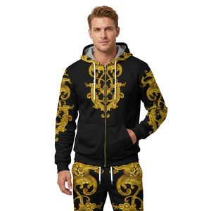 Ensemble de survêtement unisexe noir et or imprimé, sweat à capuche zippé et pantalon de jogging, tenue décontractée d'automne, coupe classique, 100 % polyester, impression par sublimation - Product Image 2