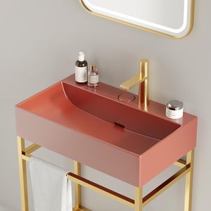24 \ "Set di vanità da bagno rosso lucido Freestanding consolle lavabo rettangolare in ceramica rubinetto aperto in metallo gambe scaffali di stoccaggio - Product Image 2