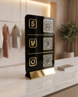 Support de Code QR Premium pour Réseaux Sociaux en Acrylique et Plastique – Élégant, Transparent, Personnalisable, Artistique, avec Logo Cosmos sur Base en Bois pour la Vente au Détail