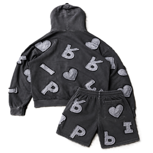Custom Acid Wash Sepaling Hoodod Tracksuit <b>Aesthetic</b> Cotton Patchwork Jogger Matching Distress Print For Men <b>Hoodies</b> Shorts Set - Product Image 4