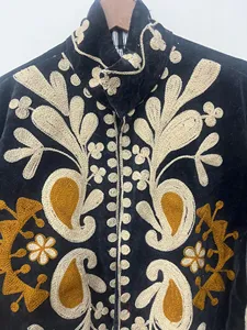 Luxury Black <b>Velvet</b> Floral Embroidered Suzani <b>Jacket</b> Full Sleeve Stand Collar Handmade Bohemian Style Winter <b>Jacket</b> - Product Image 4