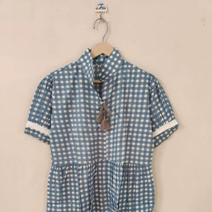 ชุดเดรสผ้าฝ้ายสีน้ำเงินสำหรับผู้หญิง, เดรสสั้นคอปกแขนสั้นทำมือสำหรับฤดูร้อน, เสื้อเชิ้ตสไตล์โบโฮลำลอง - Product Image 1