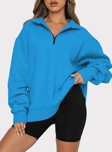 Women Oversized <b>Teal</b> Quarter-Zip Sweatshirt Full Sleeve Hooded Solid Color Knitted Breathable Waterproof 100% Cotton Winter Wear - Product Image 6