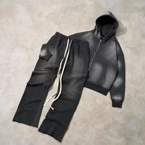 Men's Vintage Sun Faded Tracksuit Zip Up Jacket And <b>Pants</b> Two Piece Washed Casual Sportswear Matching Set - Product Image 1