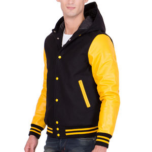 Chaqueta Varsity con Capucha Negra y Amarilla para Hombre, Chaqueta Bomber Letterman con Mangas de Cuero Amarillo, Estilo Béisbol Informal, Abrigo Cálido de Invierno - Product Image 2