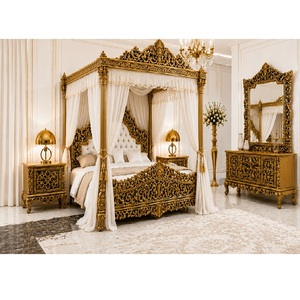 Cama King Size de Lujo Estilo Rococó Francés y Juego de Muebles, Cama con Dosel Dorado de Tallado Elaborado con Mesitas de Noche, Compre una Suite de Dormitorio con Cama de Cuatro Postes - Product Image 1