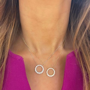 Colliers pendentifs cercle en or massif 14K avec diamants de laboratoire taille ronde pavé, bijoux de déclaration pour usage quotidien, chaînes superposées de 16 pouces - Product Image 4