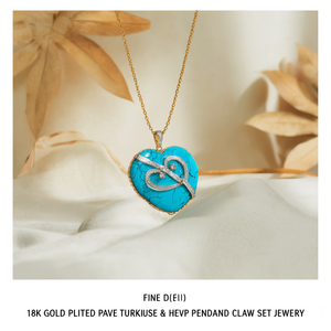 Pendentif Cœur en Or 18 carats Plaqué Or avec Turquoise et Diamants Sertis Griffe - Product Image 3