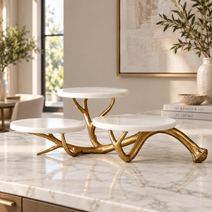 Multi-Layer Heat Resistant Oven Safe <b>Cake</b> Stand with <b>Gold</b> Resin Base and White Marble <b>Tops</b> Handmade Three Tier Design - Product Image 2