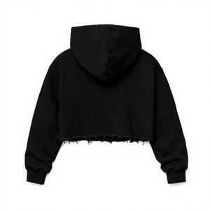 เสื้อฮู้ดซิปสีดำแบบครอป สไตล์หรูหรา ขนาดโอเวอร์ไซส์ สีพื้น ผ้าเฟรนช์เทอร์รี่ สำหรับฤดูหนาว แบบยูนิเซ็กส์ ดีไซน์ขาดๆ แบบลำลอง - Product Image 2