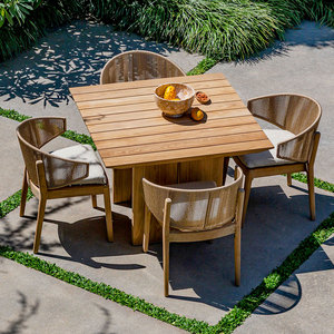 Chaise de salle à manger en teck massif avec dossier en corde tressée à la main, écologique, légère, moderne, pour l'extérieur, appartement, mobilier de salle à manger - Product Image 6